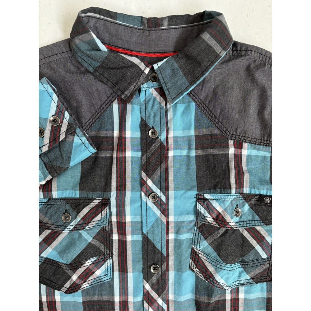 Rock & Republic Men's Medium Aqua Gray Plaid Lightweight Long Sleeve Button Up